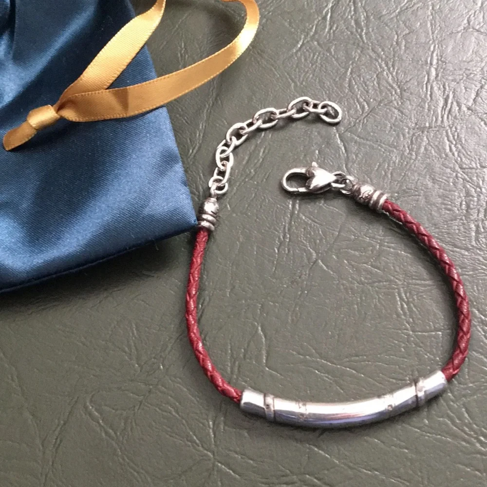 Red Braided Leather Bracelet with Silver Accent - Picture 1 of 6